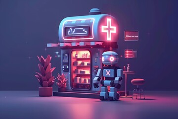 Futuristic pharmacy with neon lights showcasing a robot pharmacist perfect for sci fi and high tech themes
