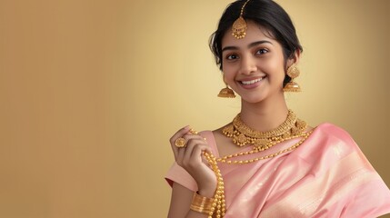 Indian woman wearing a traditional Indian outfit, a pink and gold sari, and jewelry and smiling