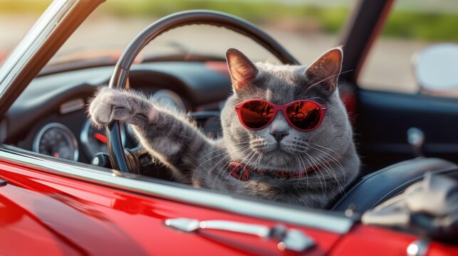 A gray cat with sunglasses is sitting in the driver's seat of a vintage red car - Powered by Adobe
