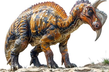 Obraz premium A dinosaur statue perched on a rock, showcasing prehistoric charm in a natural setting.