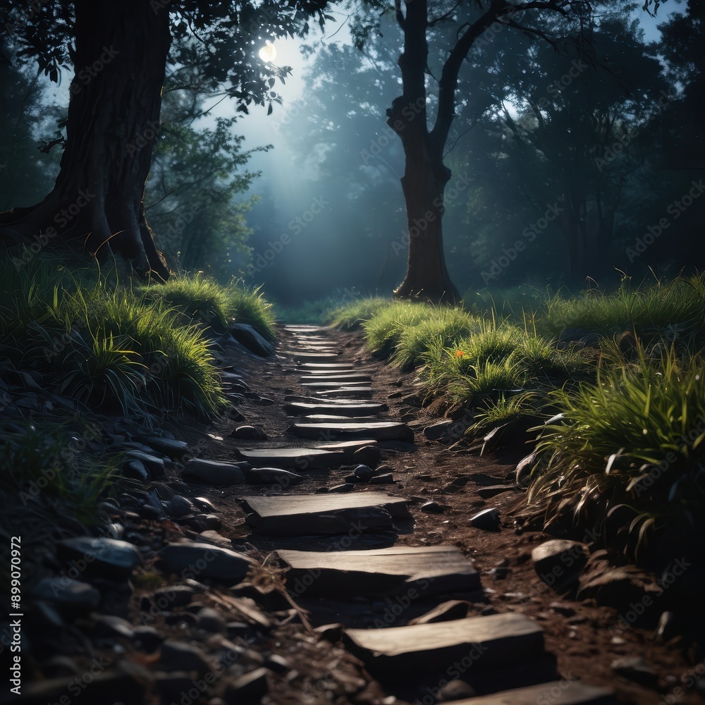 Wall mural Stone Pathway through Foggy Forest.