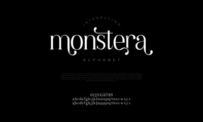 Monstera swash luxury elegant alphabet letters and numbers. Vintage wedding typography classic serif font decorative vintage retro. creative vector illustration