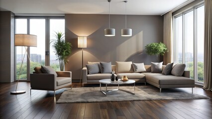 Fototapeta premium Contemporary minimalist living room with sleek dark floors, sparse modern furniture, and gleaming chrome floor lamps illuminating a neutral color palette.