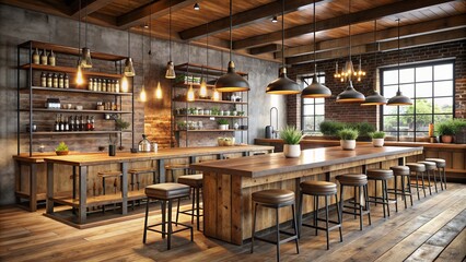 Modern rustic bar interior with reclaimed wooden tables, shelves and industrial lighting fixtures providing ample copy space for design concepts.