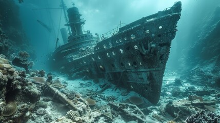 Old shipwreck rests on the seabed, merging with vibrant coral. Divers explore the sunken treasure, where nature and history collide in a scenic seascape