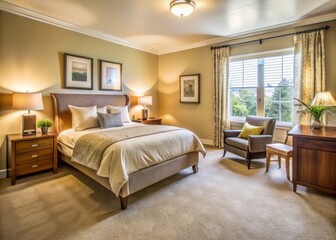 Well-lit, beige-walled bedroom with plush carpet, comfortable bed, wooden nightstands, and large window with soft drapery in a modern senior living facility.
