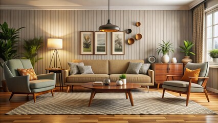 Obraz premium Cozy retro-inspired living room with sleek mid-century modern sofa, armchair, and coffee table amidst vintage decorative accents and patterned rug.