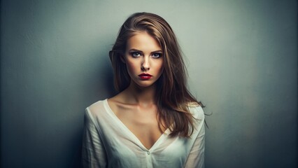 Fototapeta premium Charming obnoxious woman absent from frame leaving only subtle suggestive atmosphere in minimalist white background setting.