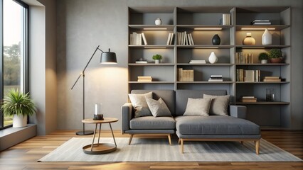 Sleek, modern reading nook features minimalist floating shelves, low-profile gray sofa, and focused floor lamp illuminating cozy inviting atmosphere.