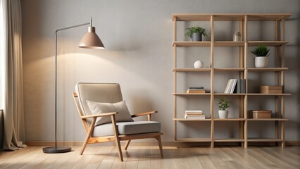 Fototapeta premium Streamlined reading sanctuary features linear wooden shelves, low-profile armchair, and directional floor lamp amidst calming neutral-toned background ambiance.