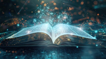 Open Book with Glowing Light and Network Connections