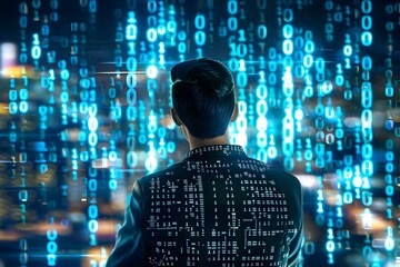 Silhouetted Man Watching Neon-Lit City Horizon Composed of Binary Data