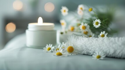 A calming sleep balm with chamomile flowers and a candle, set on a bedside table