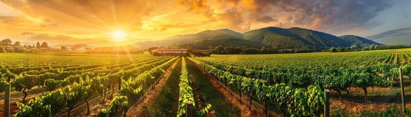 Idyllic vineyard landscape with rows of grapevines, a quaint farmhouse in the background, and a golden sunset, peaceful and picturesque