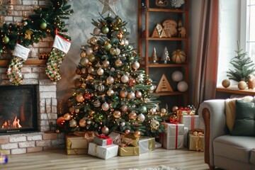 Christmas Decor with a Decorated Tree and Fireplace