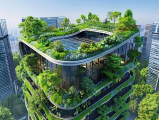 Modern sustainable building with green rooftop gardens, solar panels, glass facade, urban environment