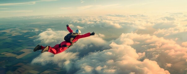Person in a red jumpsuit skydiving above a landscape of fields and clouds, dynamic and exhilarating scene, emphasizing adventure and adrenaline