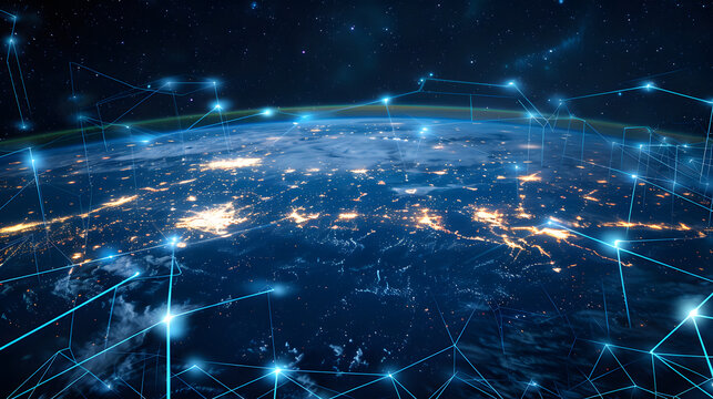 Futuristic World Map with Glowing Neon Lines and Global Connections.