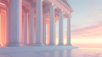 Fototapeta premium Minimalist Conceptual Depiction of a Courthouse Facade with Grand Pillars and Arches Against a Gradient Sky.