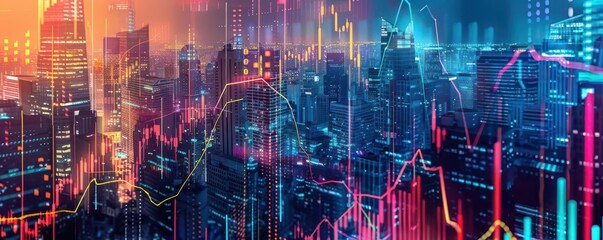 Vibrant cityscape with dynamic financial graphs and charts overlaying the buildings, reflecting business and technology