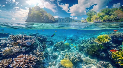 Vibrant underwater scene with diverse marine life, tropical island above, crystalclear water, and dynamic colors