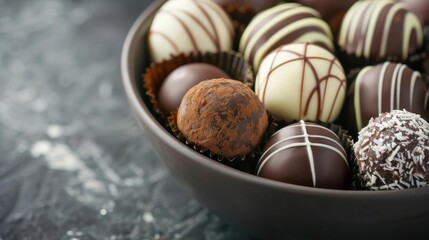 Assortment of gourmet chocolate truffles in a bowl.