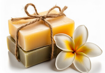 Natural handmade plumeria soap with plumeria frangipani flowers on a white background isolated