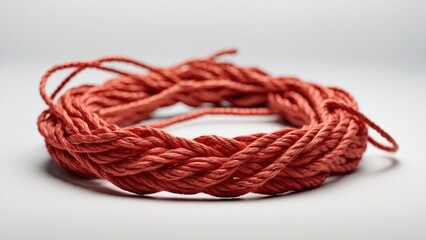 Naklejka premium Detailed shot of a red braided rope coiled against a plain white background, showcasing texture and color contrast.