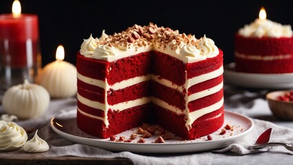A delicious four-layered red velvet cake with cream cheese frosting, topped with chopped nuts, and candles in the background.