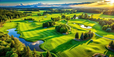 Aerial view of a lush green golf course in stunning 4K resolution, golf course, aerial view, bird's eye view, landscape