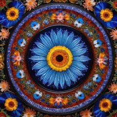 Fototapeta premium Circular Floral Pattern with Blue and Yellow Colors.
