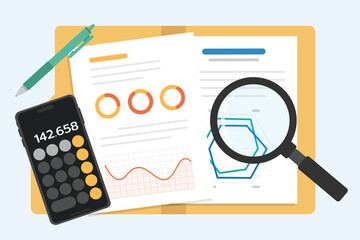 Business document data analysis with magnifying glass and calculator app on phone, Paper sheet with document Folder, Auditing financial documents, flat vector illustration.