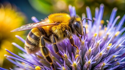 A busy, fluffy yellow and black bee, Abeille butinant, collects nectar from a delicate purple flower on a sunny day.
