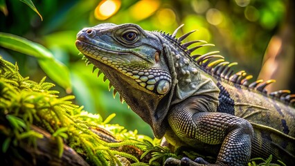 Fototapeta premium Vibrant black iguana basks in dappled sunlight, scaly skin glistening, amidst lush green foliage in Costa Rican rainforest habitat.