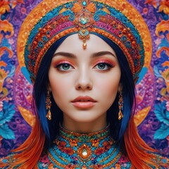 Obraz premium Portrait of a Woman in a Colorful Headpiece.