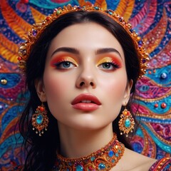 Obraz premium Beautiful Woman with Colorful Makeup and Jewelry