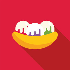 Delicious banana split with three scoops of ice cream dripping with sauce