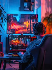 Gaming game play video on tv or monitor.