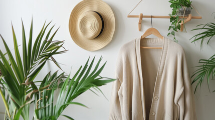 Cozy Straw Hat and Cardigan on Wall Hanger Surrounded by Green Plants