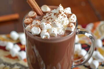 A Cup of Hot Cocoa Topped with Whipped Cream, Marshmallows and Cinnamon