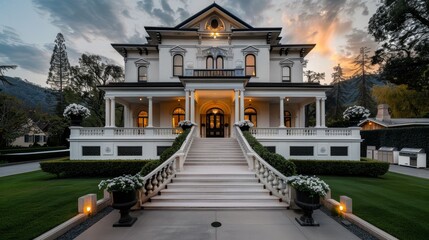 Elegant Victorian mansion with intricate detailing, a grand staircase, and lavishly decorated interiors, set in a historic neighborhood