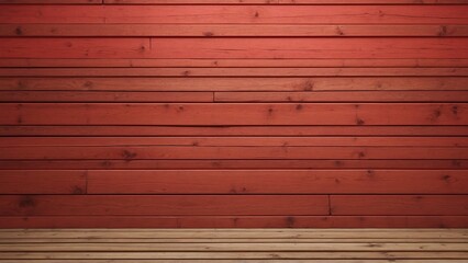 Obraz premium A vibrant red wooden wall featuring horizontal planks with natural knots, providing a rustic and warm appearance.