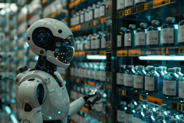 Fototapeta premium Humanoid robot organizing shelves in a modern warehouse perfect for high tech and automation themes showcasing advanced robotics and efficient design