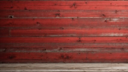 Obraz premium A rustic red wooden wall showcasing distressed texture and visible knots, radiating a vintage aesthetic.