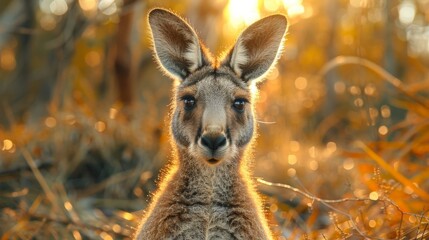 Fototapeta premium Curious eastern grey kangaroo is illuminated by the warm light of the setting sun in the australian bush