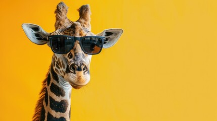 Giraffe wearing sunglasses on a solid color background.