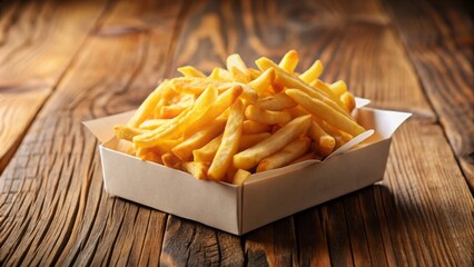 Golden crispy French fries overflowing from a white cardboard box on a clean wooden table against a blurred background.