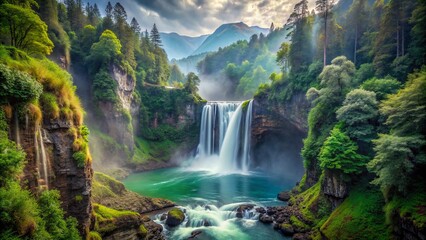 Fototapeta premium Majestic waterfall plunges down rugged cliff, surrounded by towering trees, amidst serene emerald-hued gorge, veiled in misty atmospheric tranquility.