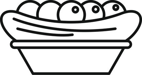 Simple line drawing of a pea pod with peas in a bowl, perfect for recipe books or healthy eating guides