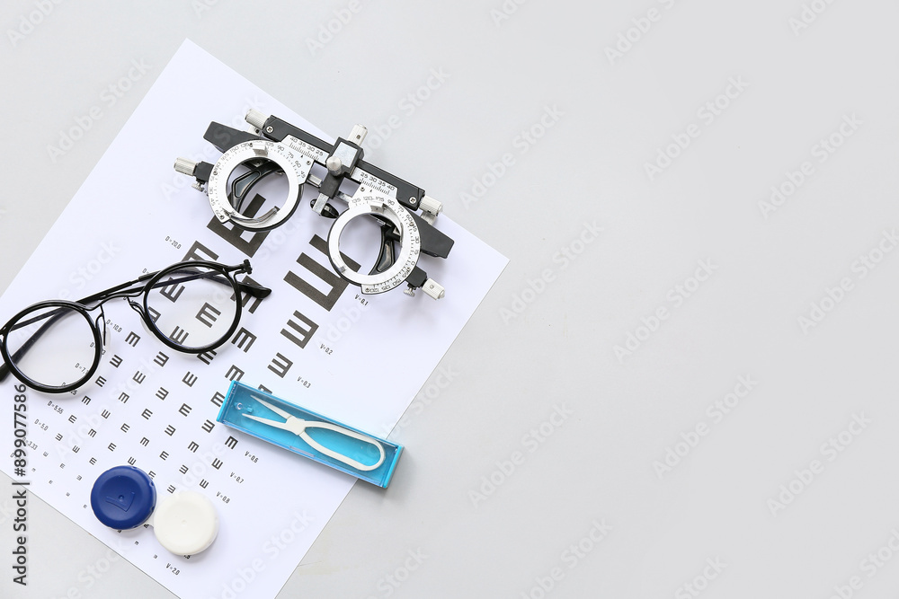 Poster optical trial frame with eye test chart, eyeglasses and set for contact lenses on white background